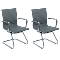 Guyou Modern Mid Back Office Guest Chair Set of 2, Faux Leather Reception Chair Computer Chair with Armrests and Metal Sled Base for Meeting/Waiting/Conference Room, No Wheels, Grey