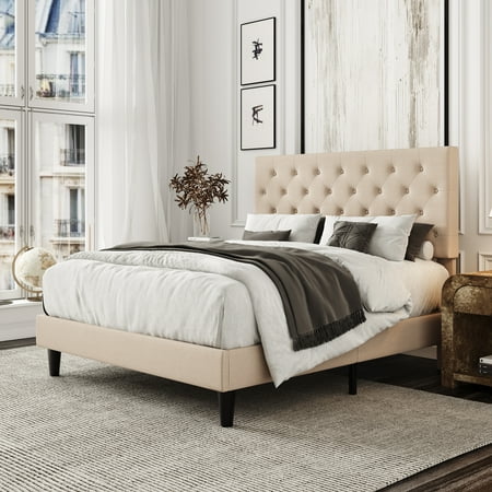 Amolife Linen Fabric Queen Bed Frame with Headboard, Diamond Button Tufted Style, Beige