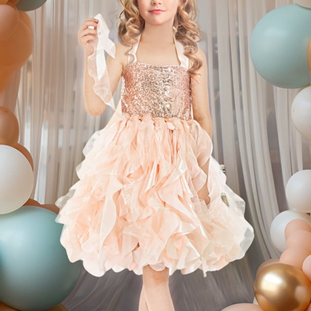 Odeerbi Niñas Verano Sparkly Lentejuelas Princesa Vestido Tul Tiered Vestido Fiesta Satén Halter Vestido Vestido Sin Mangas