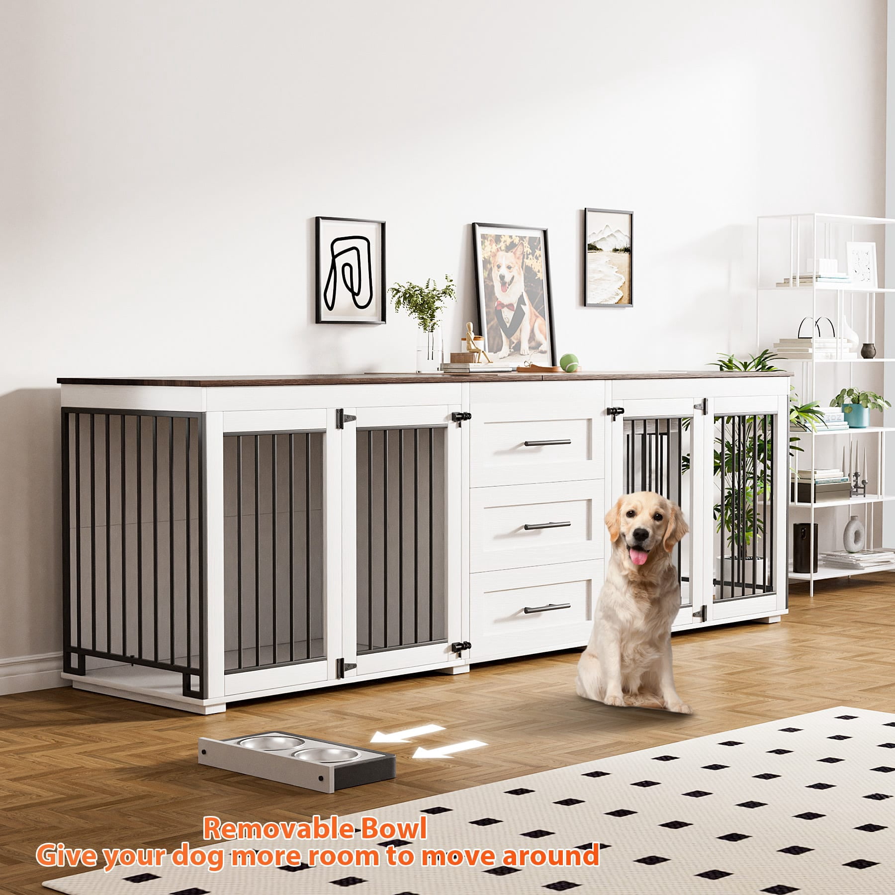 Wiilayok 94.5" Dog Crate Furniture for 2 Large Medium Dogs, Wooden Dog Kennel TV Stand with 3 Storage Drawers, 4 Bowls & Locks, White Indoor Dog House