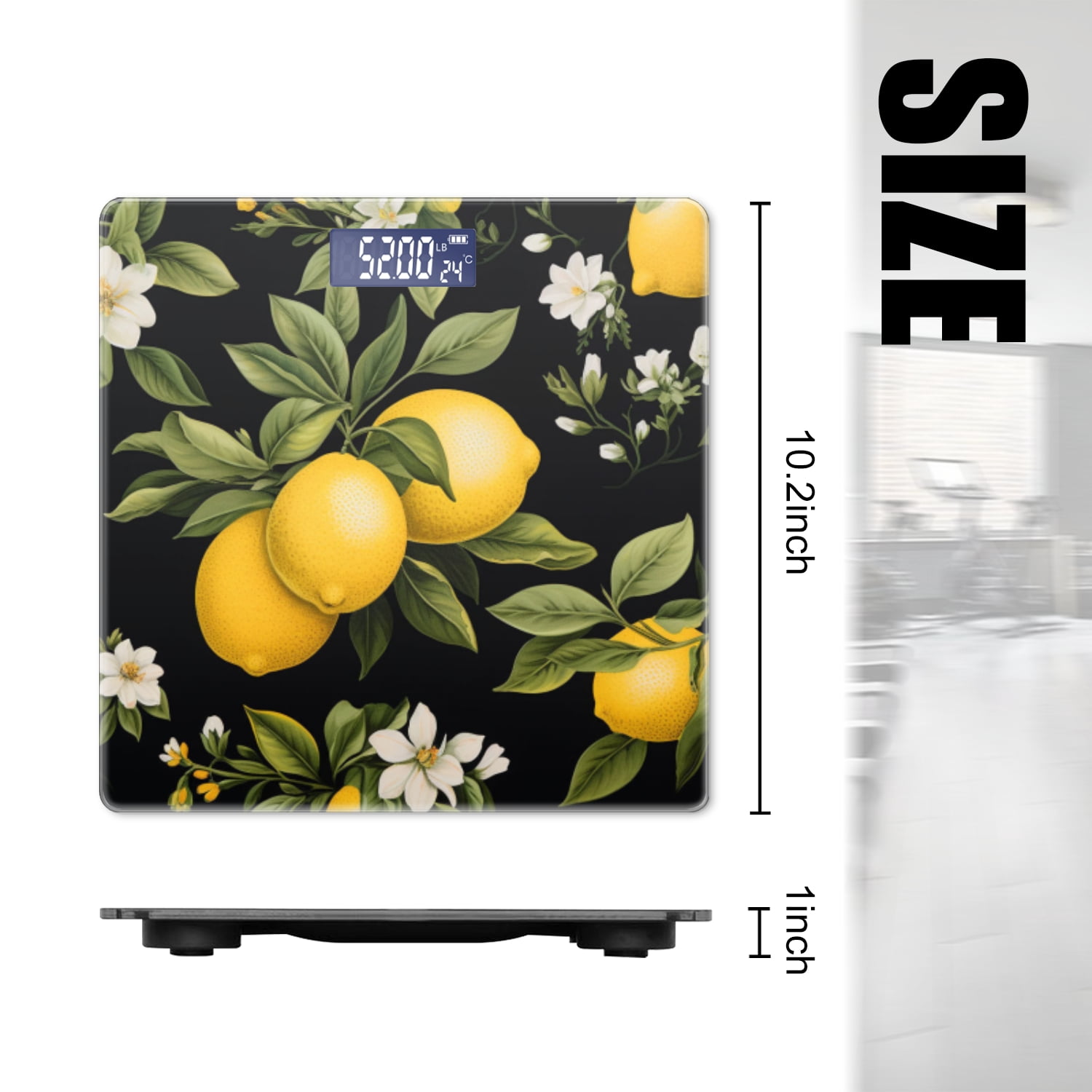 High Precision Body Weight Scale Smart Bathroom Scales with Large LCD Display(400lbs),Decorative for Bedroom-Lemon Blossoms And Lemons On Black Background