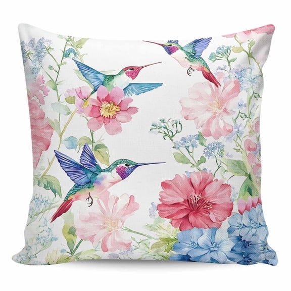 Throw Pillow Covers 18x18 Inch, Watercolor Hummingbird Decorative Pillow Cases for Couch Sofa Bed, Colorful Pink Blue Flowers Cotton Linen Square Home Decor Pillowcases with Hidden Zipper