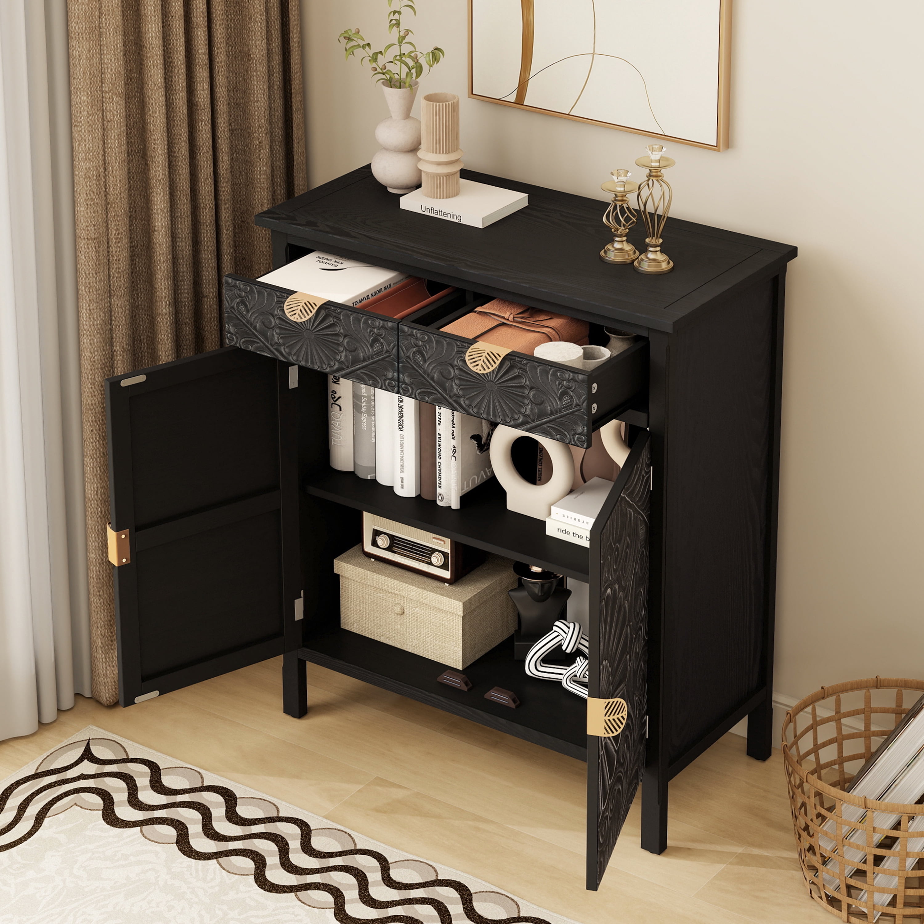 Hand-Carved Accent Cabinet with Floral Embossed Drawer and Doors, Wooden Storage Cabinet and Sideboard with Gold Handles for Entryway Living Room, Black