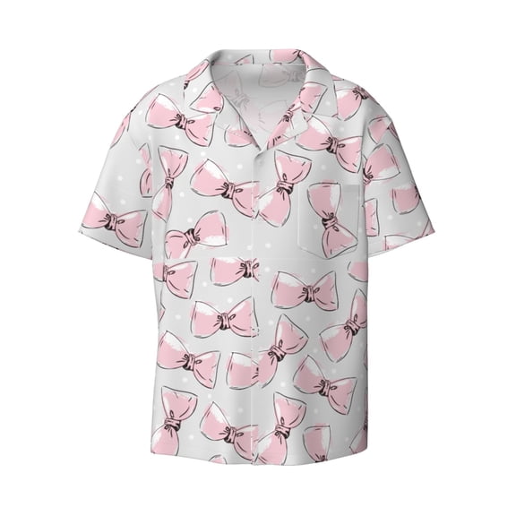 Kuqiui Cute Bow Tie Print Men's Button Down Shirts Short Sleeve Casual Shirts Hawaiian Shirts Vacation Wedding Shirts with Pocket-Large