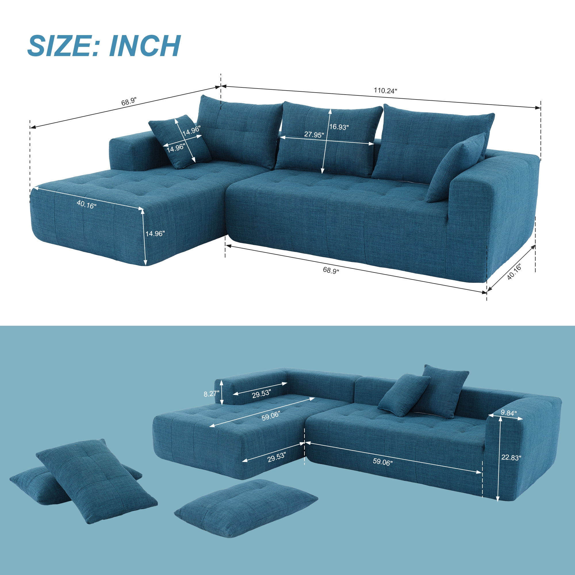 DEALTOPS Upholstered Sectional Sofa, Modern Convertible Modular Sofa Set, 110" L Shaped Sofa Couch, 2 Pieces Living Room Furniture Set, Blue