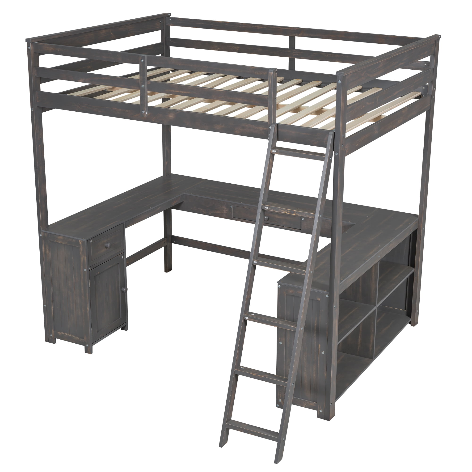 Euroco Wood Full Size Loft Bed with Desk and Shelves, Antique Brown