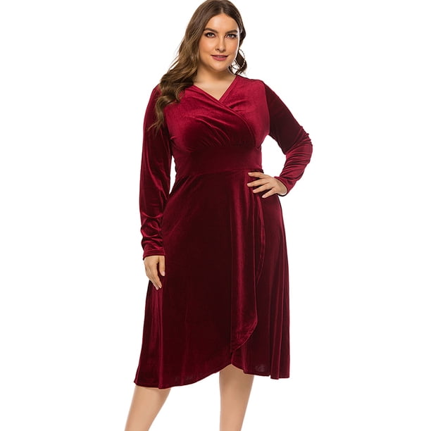 Vestido de talla grande para mujer Cuello cruzado de terciopelo Cuello en V Cintura alta Drapea Irfora Vestido de mujer