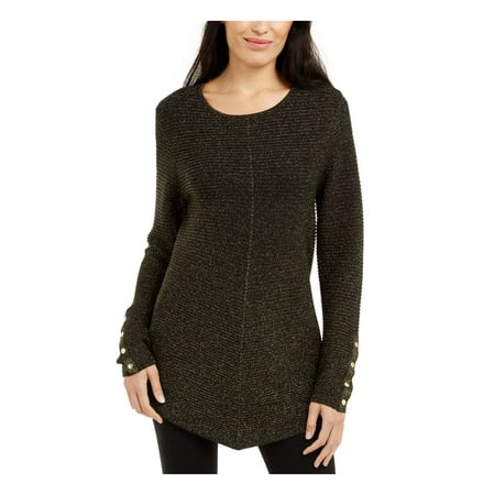 ALFANI Womens Black Metallic Snap Cuffs Ribbed Pinstripe Long Sleeve Jewel Neck Evening Sweater Petites M