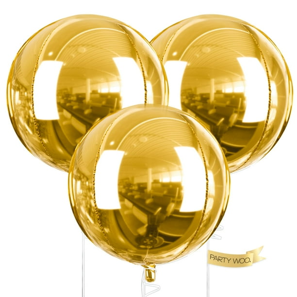 Globos de aluminio PartyWoo dorados, 4D, 50 cm, redondos, 3 unidades con cinta