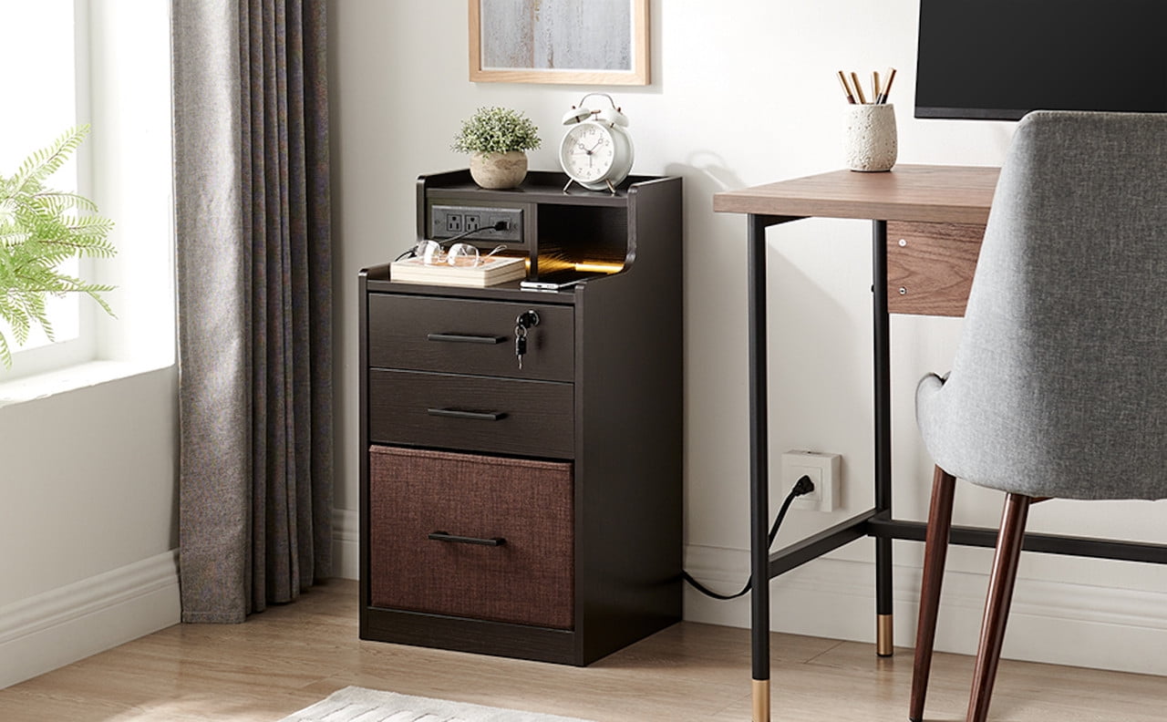 Utopia Alley 2 Drawer LED Nightstand, Night Stand with Fast Charging, 3 USB Ports and 2 Power Outlets, Bedside Table with Open Shelf, 29 inch Nightstand with Lock for Bedroom, Espresso Color