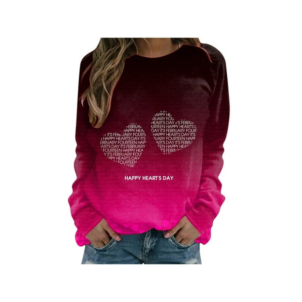 Día de San Valentín Blusa para mujer Manga larga Love Eement Prints Camiseta con cuello redondo Sudadera XBTCLXEBCO Corazón fucsia, CH