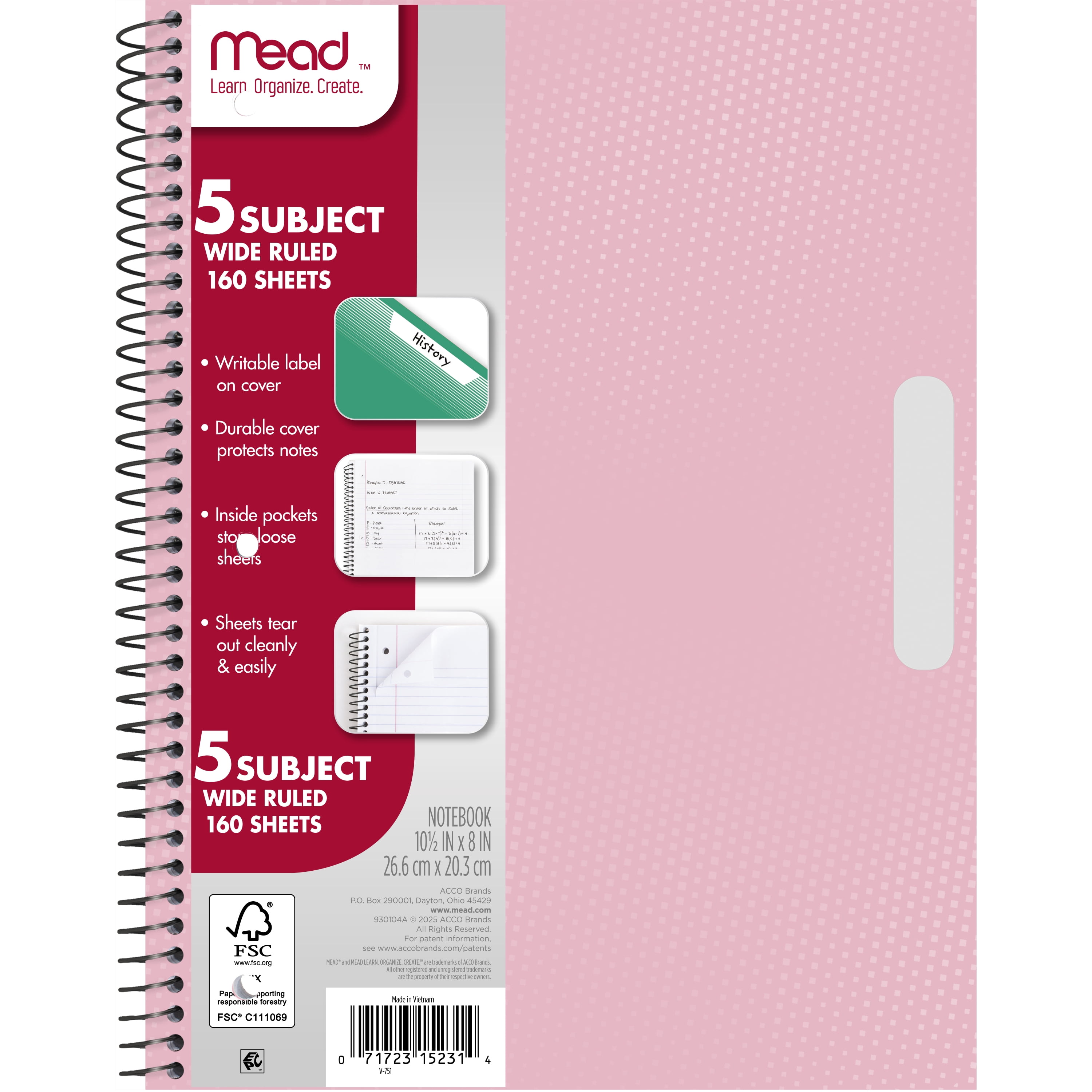 Mead 5 Subject Wide Ruled Notebook, 8" x 10.5", Pastel Pink, Poly, Spiral, 160 Sheets