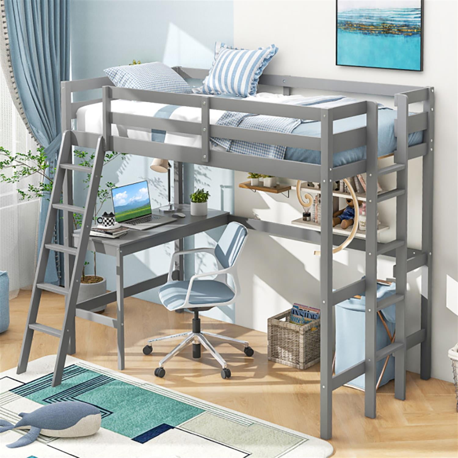 Demi Bonn Loft Bed Twin Size, Solid Wood Loft Bed with Desk Angled and Built-in Ladder, Modern Wooden Playhouse Bed Frame, Gray
