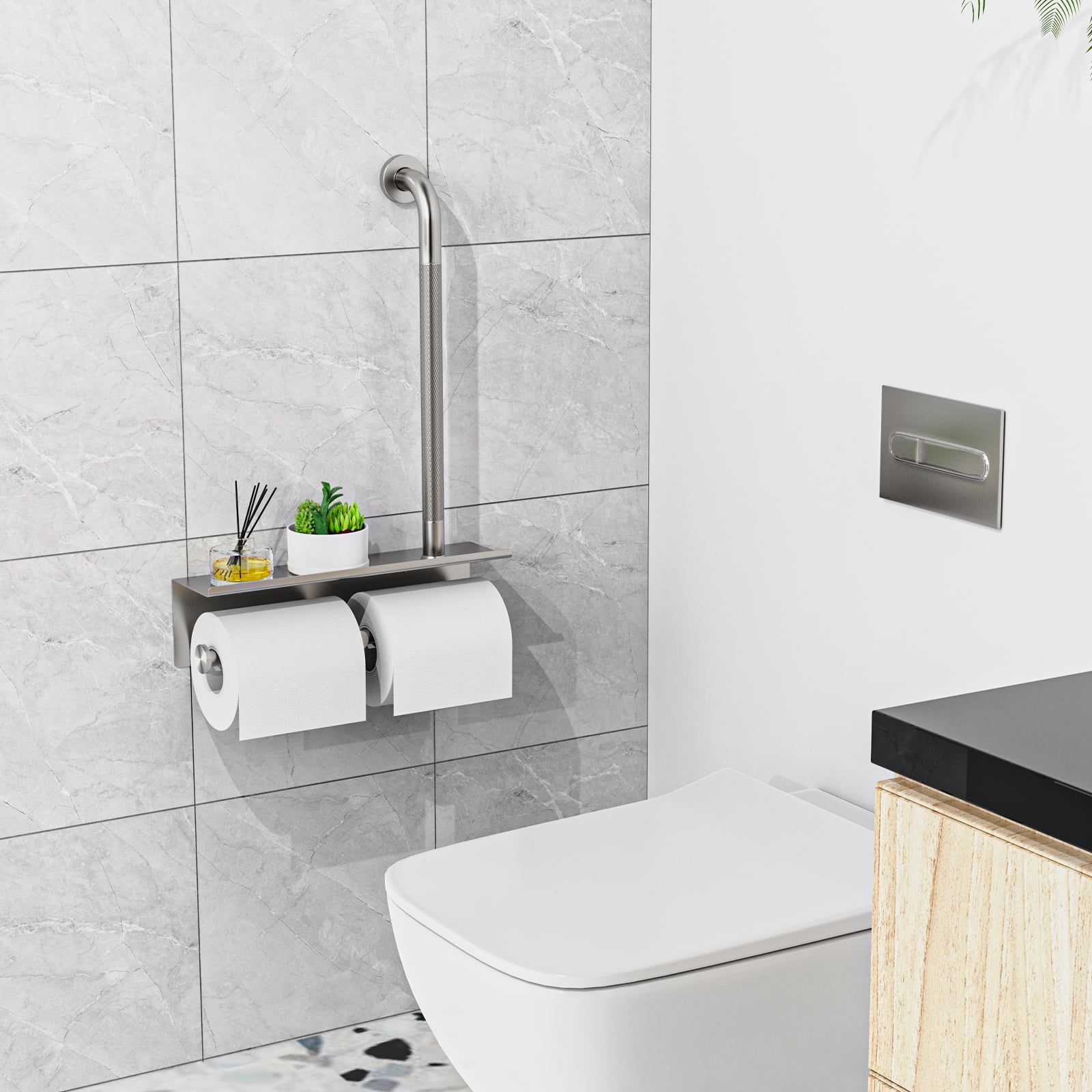 Bathroom Grab Bar with Shower Shelves, ZUEXT Brushed Nickel Toilet Paper Holder 3 in 1 Bathroom Organizers and Storage, Anti Slip Stainless Steel Safety Hand Rail for Handicap Elderly Senior Assist