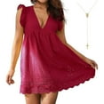 thumbnail image 1 of Oversized Women's V-Neck California Romper Dress, Summer Short Sleeve, Ruffle Detail with Pockets, Solid Color, 1 of 6