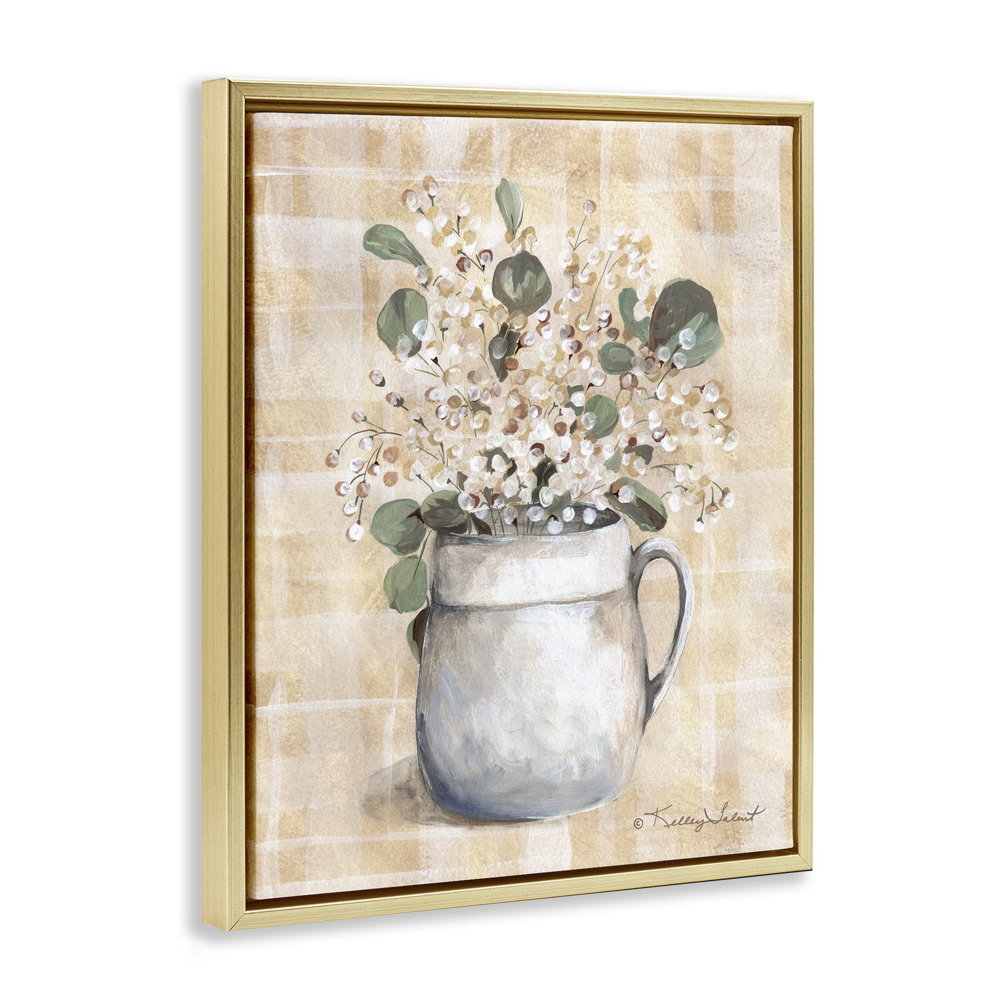 Stupell Industries Eucalyptus in Pottery Botanical & Floral Painting Gold Floater Framed Art Print Wall Art, 17 x 21