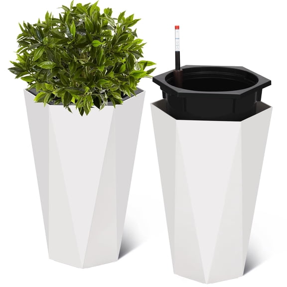 22.5" Tall Diamond Planters Set of 2, Self-Watering Flower Pots with Water Level Monitor & Wheels, Large Outdoor Indoor Plant Containers for Patio, Porch, Living Room, Home Office - White