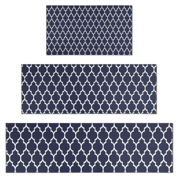 Navy and White Geometric Lattice Pattern Kitchen Rugs Sets Of 3,Kitchen Runner Rugs Non Skid Washable,Decorative Kitchen Floor Mats for Kitchen,Sink,Laundry,17"x30" 17"x47" 17"x59"