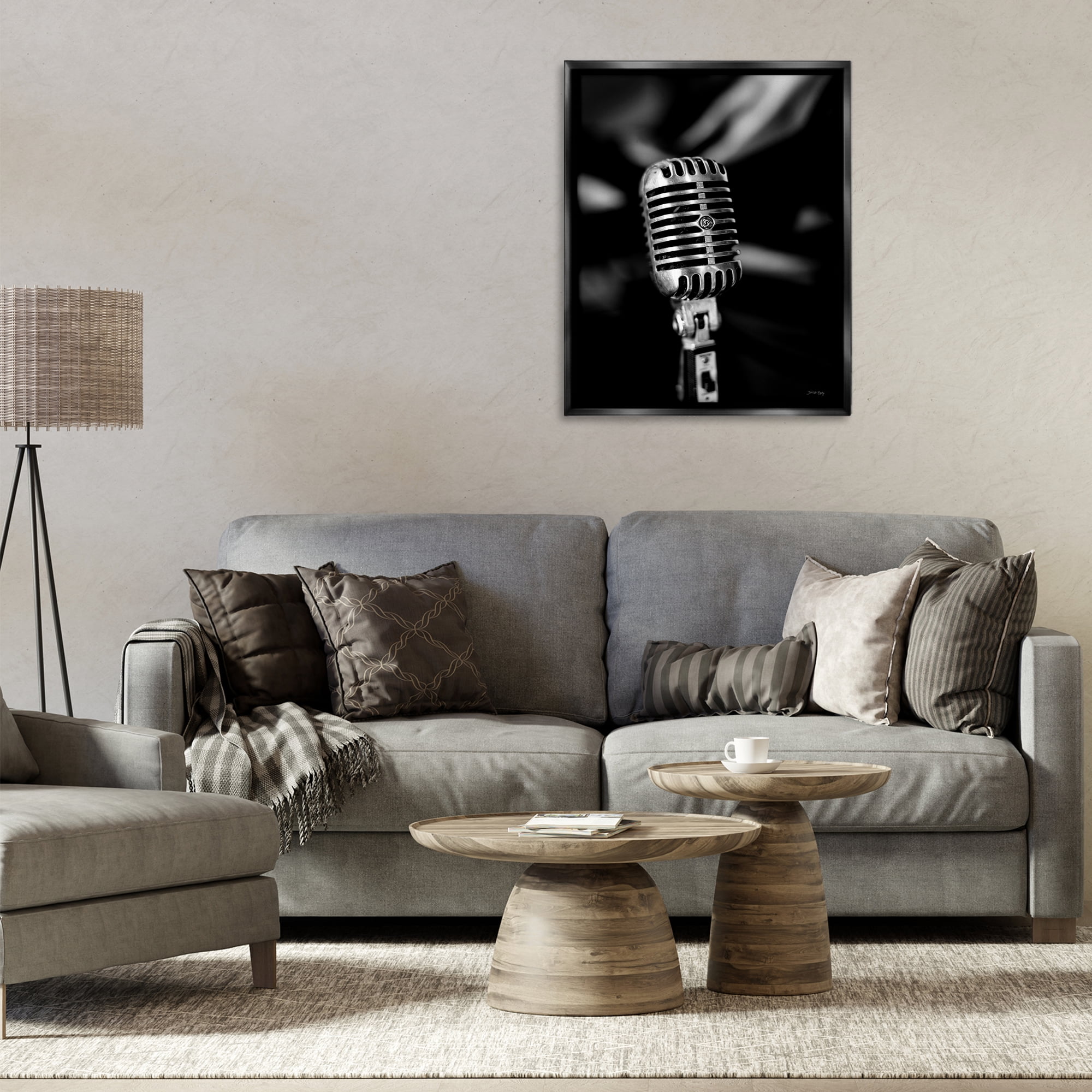 Stupell Industries Vintage Microphone on Black Entertainment Painting Black Floater Framed Canvas Art Print Wall Art, 25 x 31