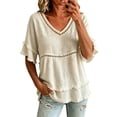 thumbnail image 2 of YVNAURA Womens Summer Tops Lace Eyelet Fringe Linen Blouse V Neck Short Sleeve Casual Loose Fit Boho Beach Vacation Everyday Essential, White,XXXL, 2 of 5