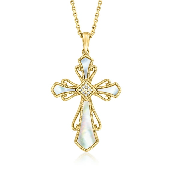 Ross-Simons Mother-Of-Pearl Cross Pendant Necklace With Diamonds in 18kt Gold Over Sterling, Women's, Adult
