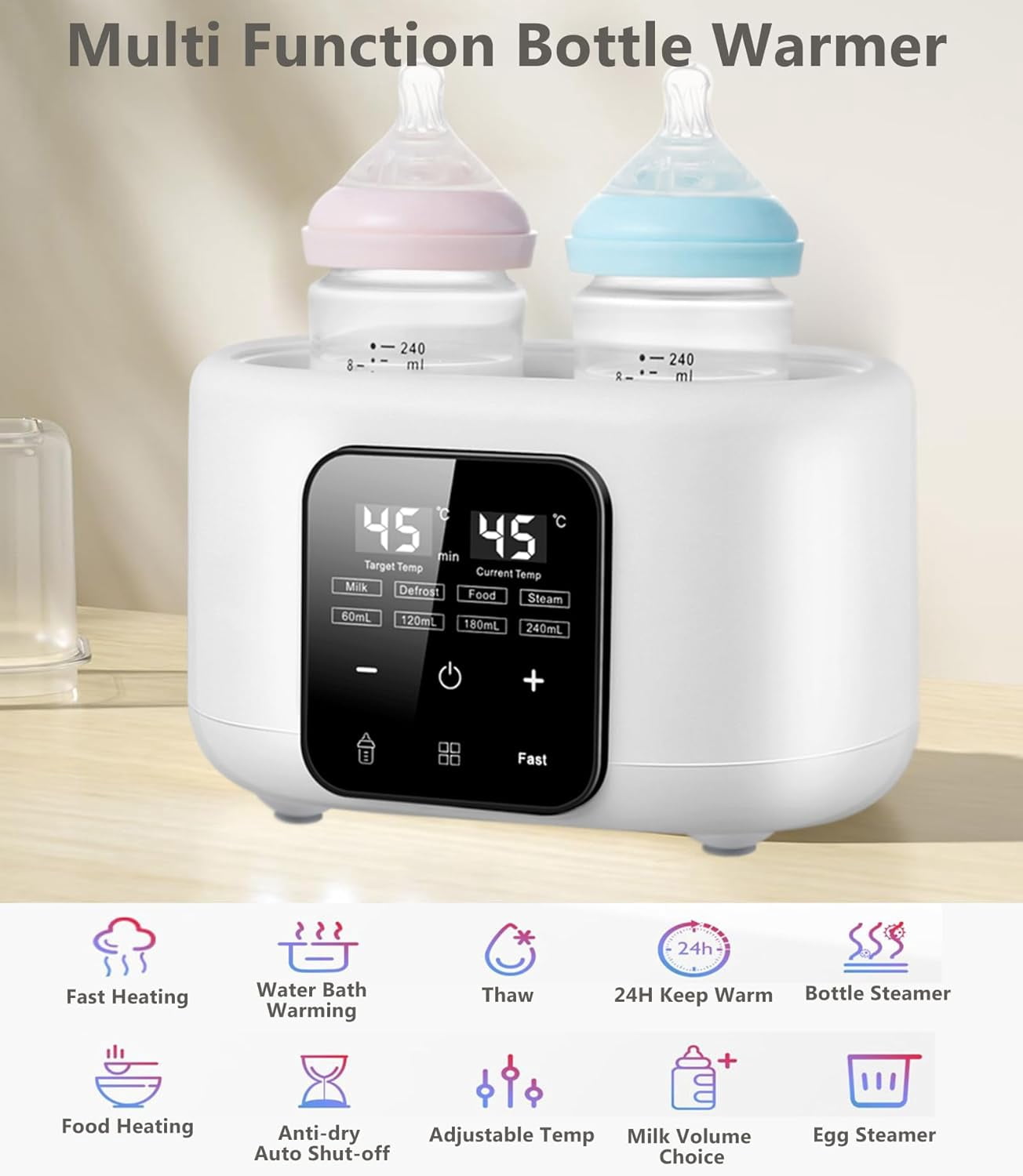 Baby Bottle Warmer, 6-in-1 Double Bottle Warmer and Sterilizer for Breastmilk or Formula, Fast Milk Warmer with Smart Temperature Control, Defrost, Heat Food, Formula Water Warmer for All Bottles