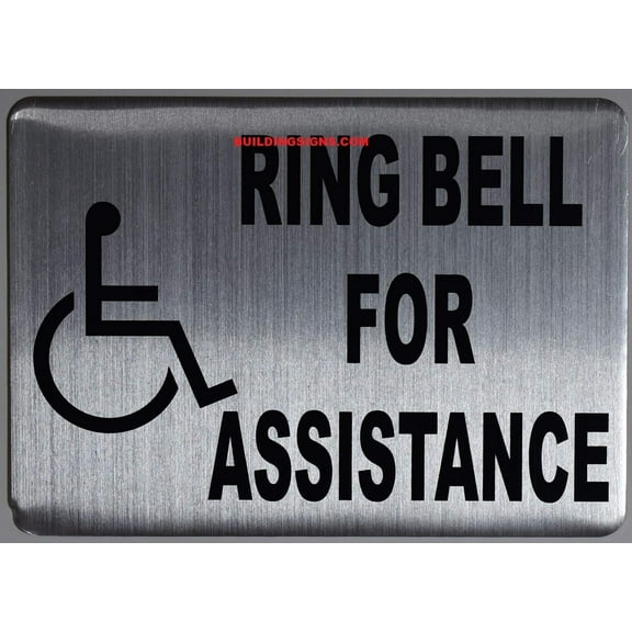 Ring Bell for Assistance with Symbol Sign (Silver, Aluminum, 5x7, Double Sided Tape)-The Pour Tous Blue LINE