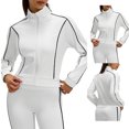 thumbnail image 3 of Women's Zip Up Cropped Jacket Long Sleeve Stand Collar Striped Trim Casual Track Jacket Elastic Cuffs Short Athletic Outerwear White,XXL, 3 of 7