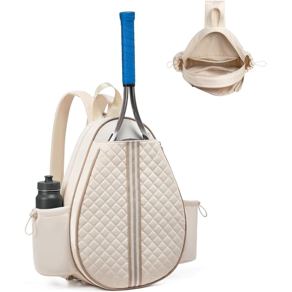 Quilted Tennis Backpack - Crossbody Racket Bag with Dual Water Bottle Pockets - Holds up to 2 Racquets - Beige