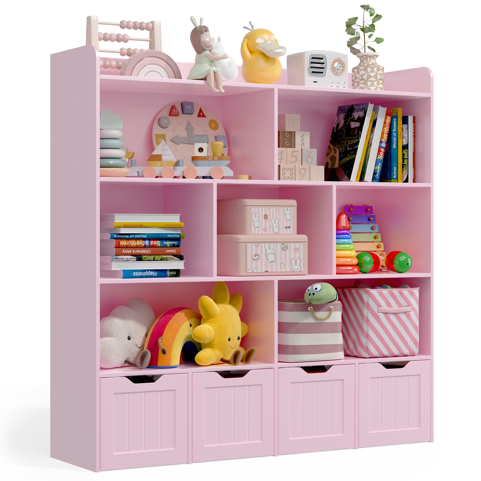 Noelse Toy Storage Cabinet and Kids Bookcase with 4 Movable Drawers and 8 Open Shelves Toy Chest Shelf Organizer with Hidden Wheels for Playroom Nursery Kids Room, Pink
