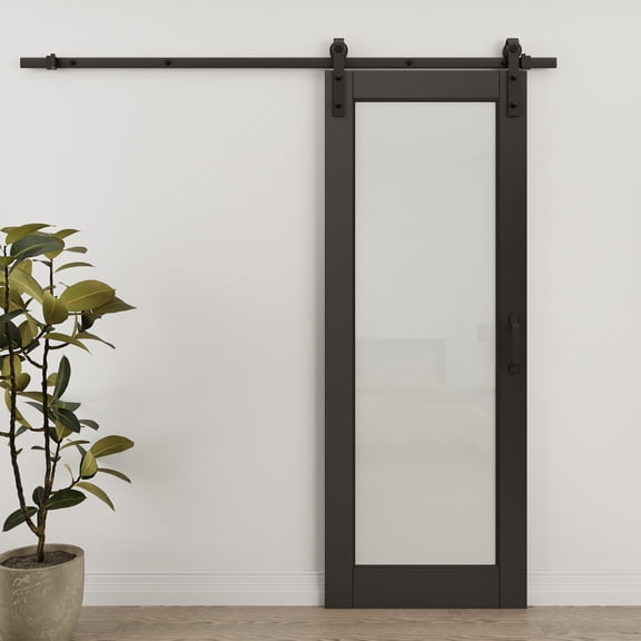 28'' x 80'' 1-Lite Black Frosted Glass And Manufactured Wood White Sliding Barn Door With Installation Hardware Kit(No Assembly Required)