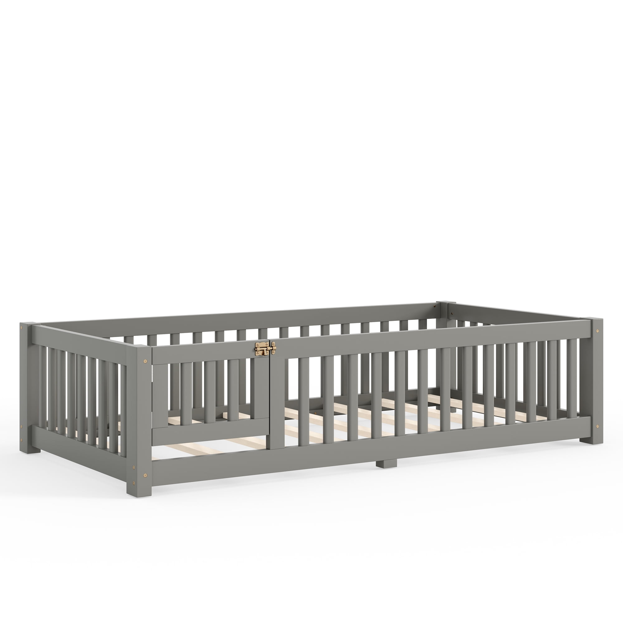 Twin Size Kids Floor Bed with Door and Full-Length Guardrails, Wood Montessori Floor Bed with Support Slats, Toddler Bed for Boys Girls, No Box Spring Needed Design