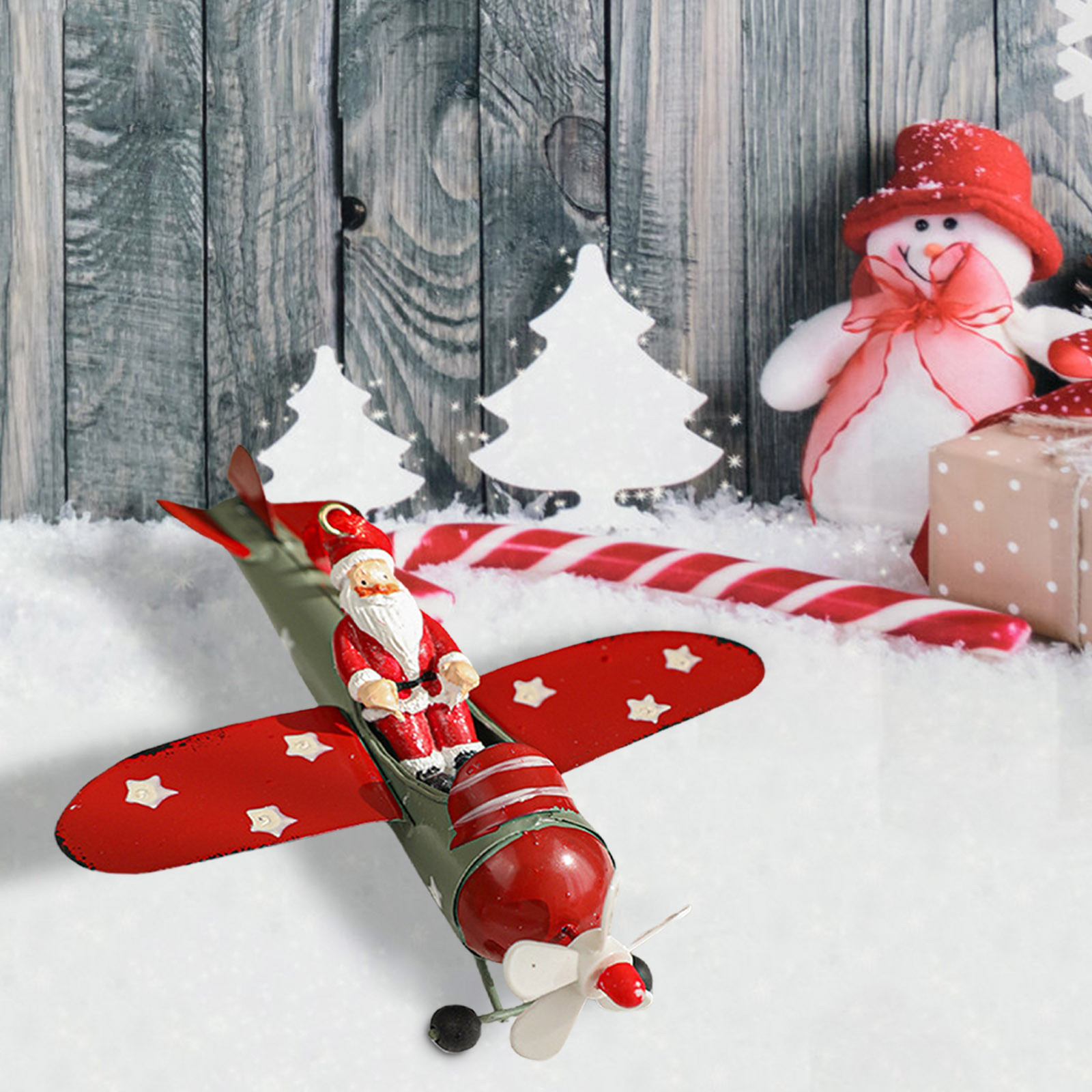 Ornement De Sapin De Noël Avion Avec Père Noël - Décoration En Métal 13x11,5x5 Cm, Pour Intérieur Ou Voiture