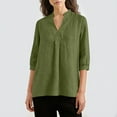 thumbnail image 4 of Stamzod Summer Tops for Women Trendy Solid Color V Neck 3/4 Length Sleeve Blouses Vacation Casual Cotton Linen Shirts for Women Army Green-1 S, 4 of 8