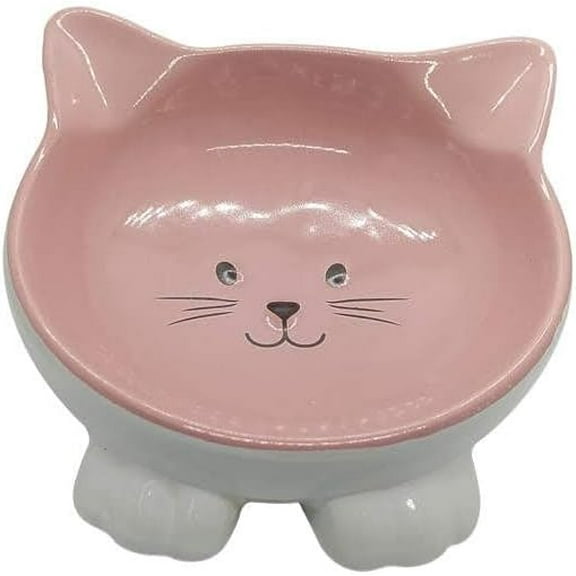 INDIPETS Pawsome Pottery Cat Face: Non-Skid Pet Water and Food Bowl | Pink (PN: 200007)