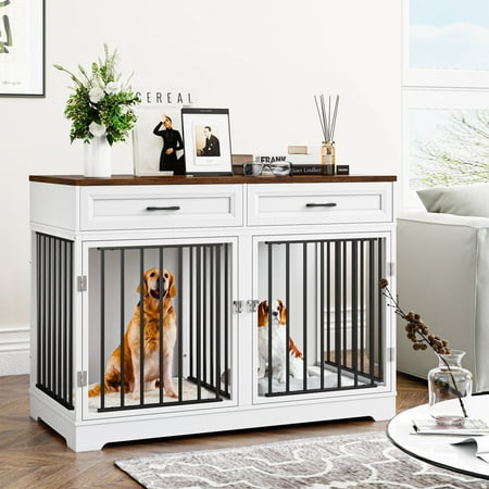 Homfa Dog Crate Furniture with 2 Drawers  47.2 In Large Wooden Indoor Dog Cage Table with Divider & Lockable Doors for Medium Dogs  White