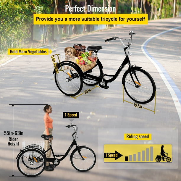 VEVOR Tricycle Adulte 1 Vitesse Taille Velo de Croisiere Tricycle Reglable de 20 Pouces avec Systeme de Freinage a Cloche Velos de Croisiere Panier de Grande Taille pour les Exercices de Shopping