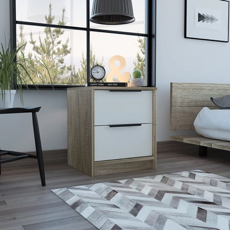 Nightstand with Two Drawers and Metal Handles Laminated Particle Board End Table for Bedroom or Living Room Compact Space-Saving Side Table White/Pine 16.1 W x 18.8 H