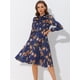 thumbnail image 2 of Vestido con cinturón y estampado floral vintage Allegra K de manga larga gasa con cuello anudado para mujer Azul Satinado S, 2 of 5