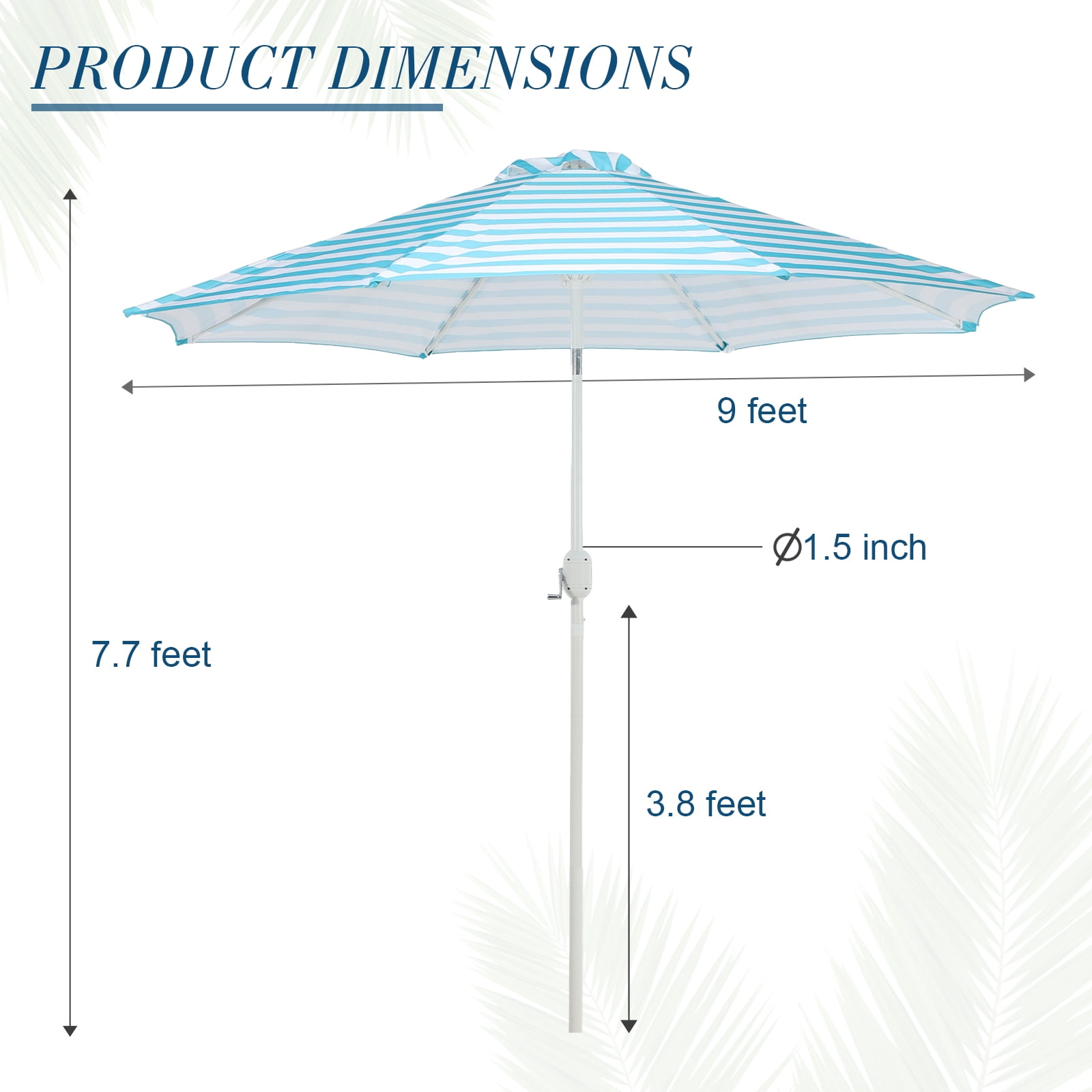 BPS 9FT Outdoor Patio Umbrella with Push Button Tilt & Crank, 8 Sturdy Ribs, UV Protection, Sky Blue-White Stripes