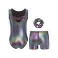 thumbnail image 4 of TSSOE Girls Glossy Dance Leotard and Shorts Set Sleeveless Criss-Cross Back Bodysuit Top + Shorts Scrunchies for Ballet Black 7-8, 4 of 7