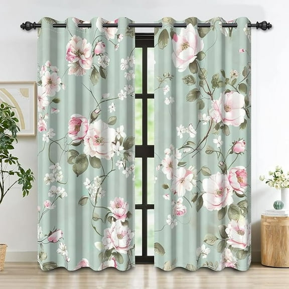 Green Floral Blackout Curtains For Bedroom Set Farmhouse Flowers Room Darkening Curtains For Living Room Thermal Insulated Curtains Grommet Window Drapes 42"W x 96"L (Pack of 2)