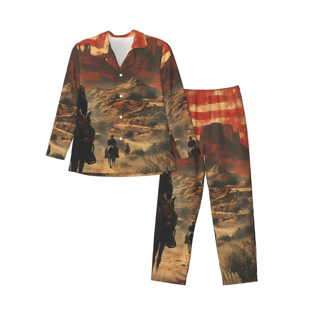 Balery 1860s Style American Cowboy Pijama para Hombre de Dos Piezas con Manga Larga, Conjunto de Dormir y Descanso Suave con Bolsillos-Small