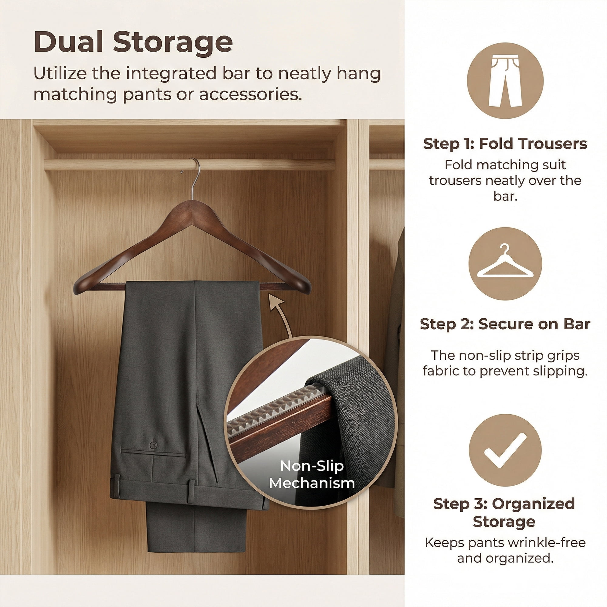Unique Bargains 2 Pcs Wood Non-Slip Hangers with Clips for Clothing and Pants Dark Brown