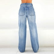 Efsteb Jeans for Women, Women's High Waist Baggy Denim Pants Loose Wide Leg Cargo Jeans Straight Trousers with Pocket Dark Blue L