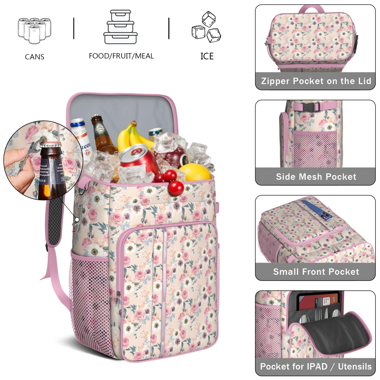 Travel Cooler Bag - Pioneer Flower Floral Print Pattern Camping Beer Cooler Backpack with Bottle Opener- Waterproof Insulated Picnic Backpacks - Cooler Bag for Beach