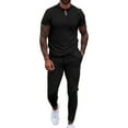 thumbnail image 3 of Traje de ocio para hombre Cuello vuelto Cremallera Pretina Color puro Manga corta Pantalones largos Chándal Negro XL, 3 of 6
