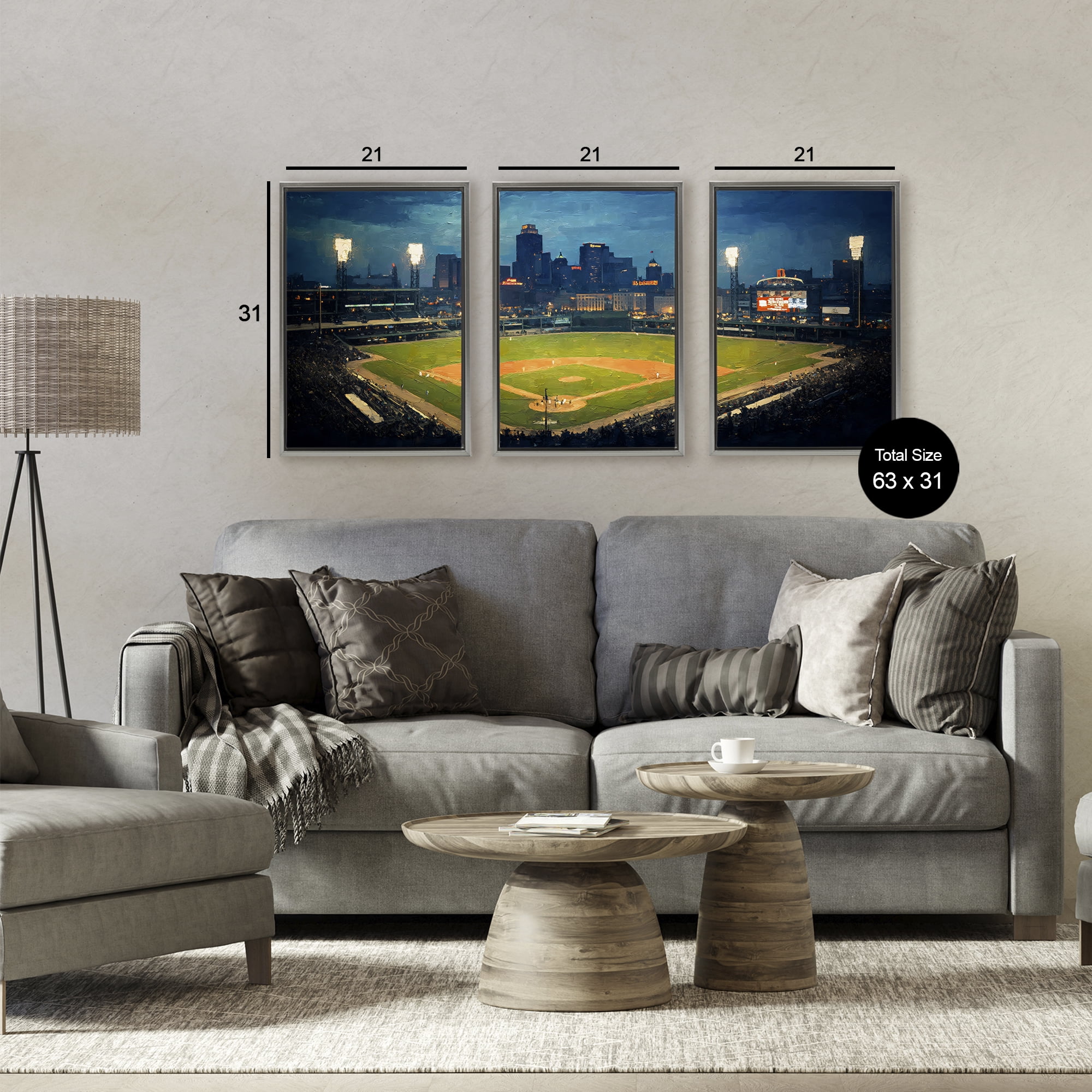 Stupell Industries Baseball Stadium Night View 3 Piece Gray Framed Floater Canvas Set, design by Arlington Prints