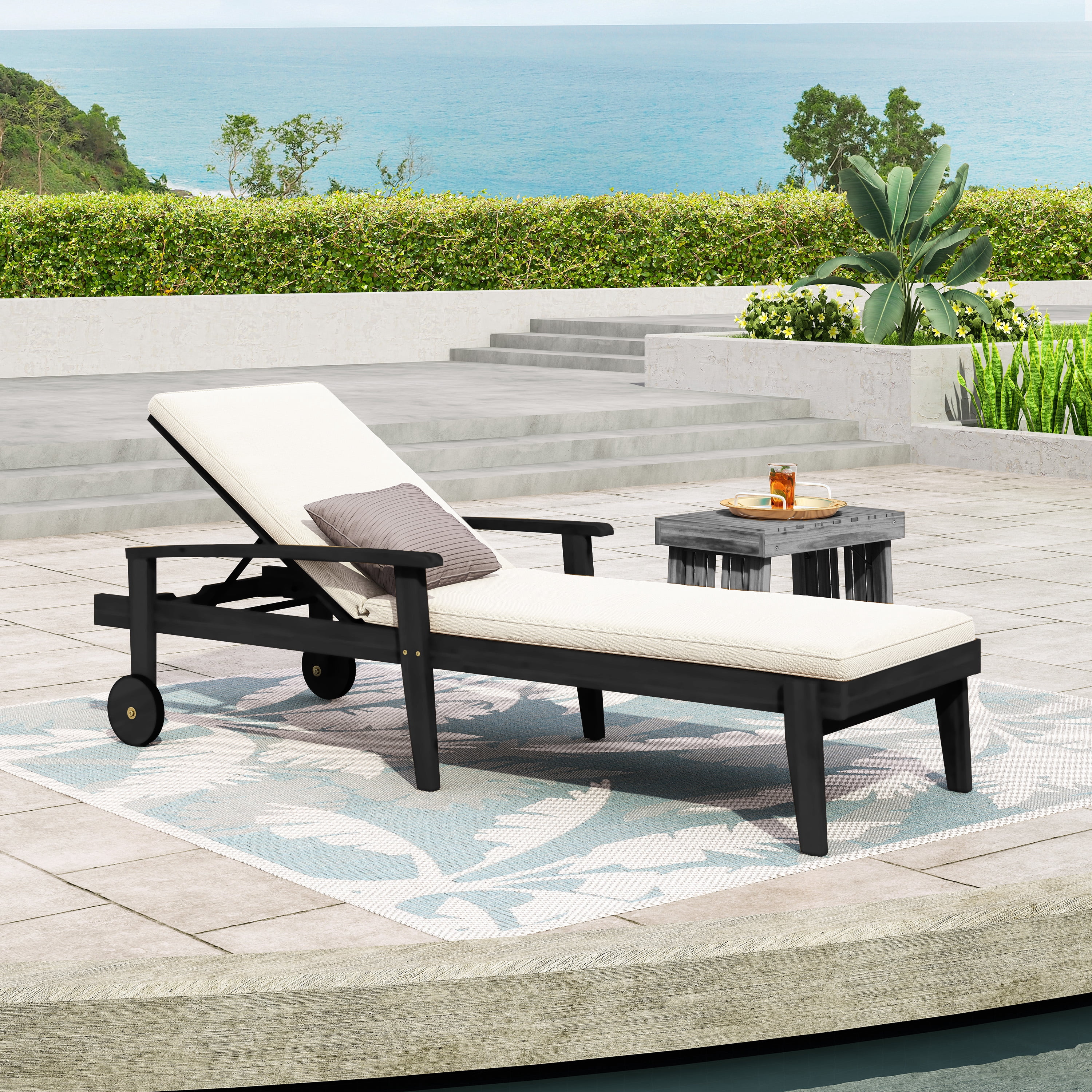 Adjustable Chaise Lounge, Outdoor Acacia Wood Lounge for Patio Poolside, Black and Brown