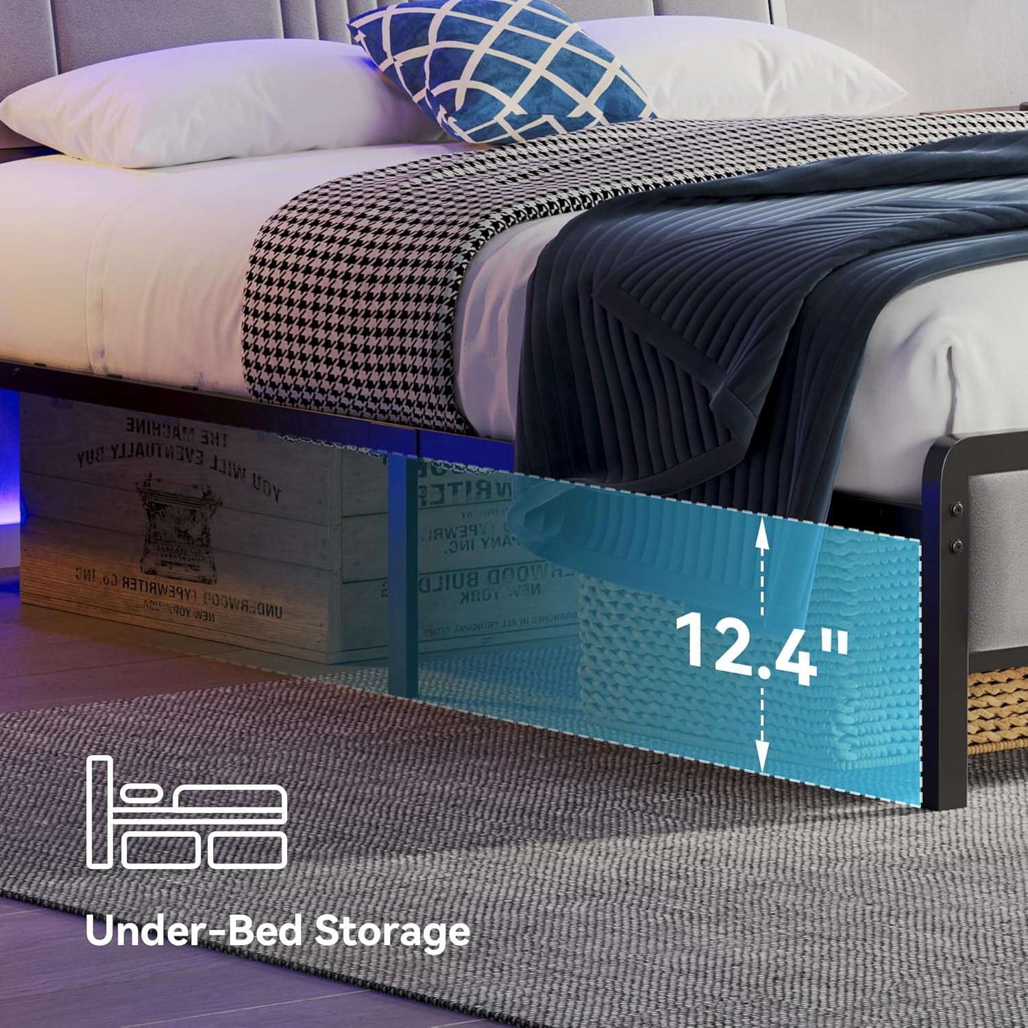 Sailvan Full Size Bed Frame with LED Lights Headboard, Full Bed Frame with Storage & USB Charging, Cushion, Metal Platform Bed Full, No Box Spring Needed, Easy Assembly, Gray